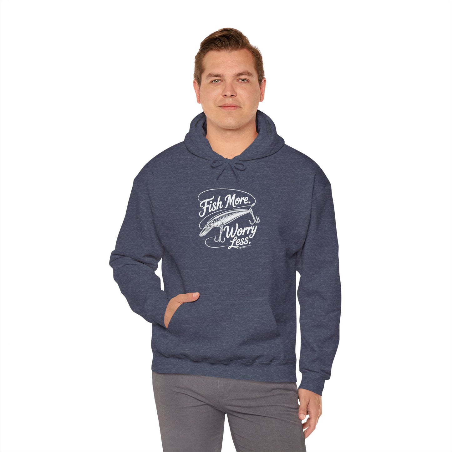 Fishing Hoodie - "Fish More Worry Less" Graphic Pullover
