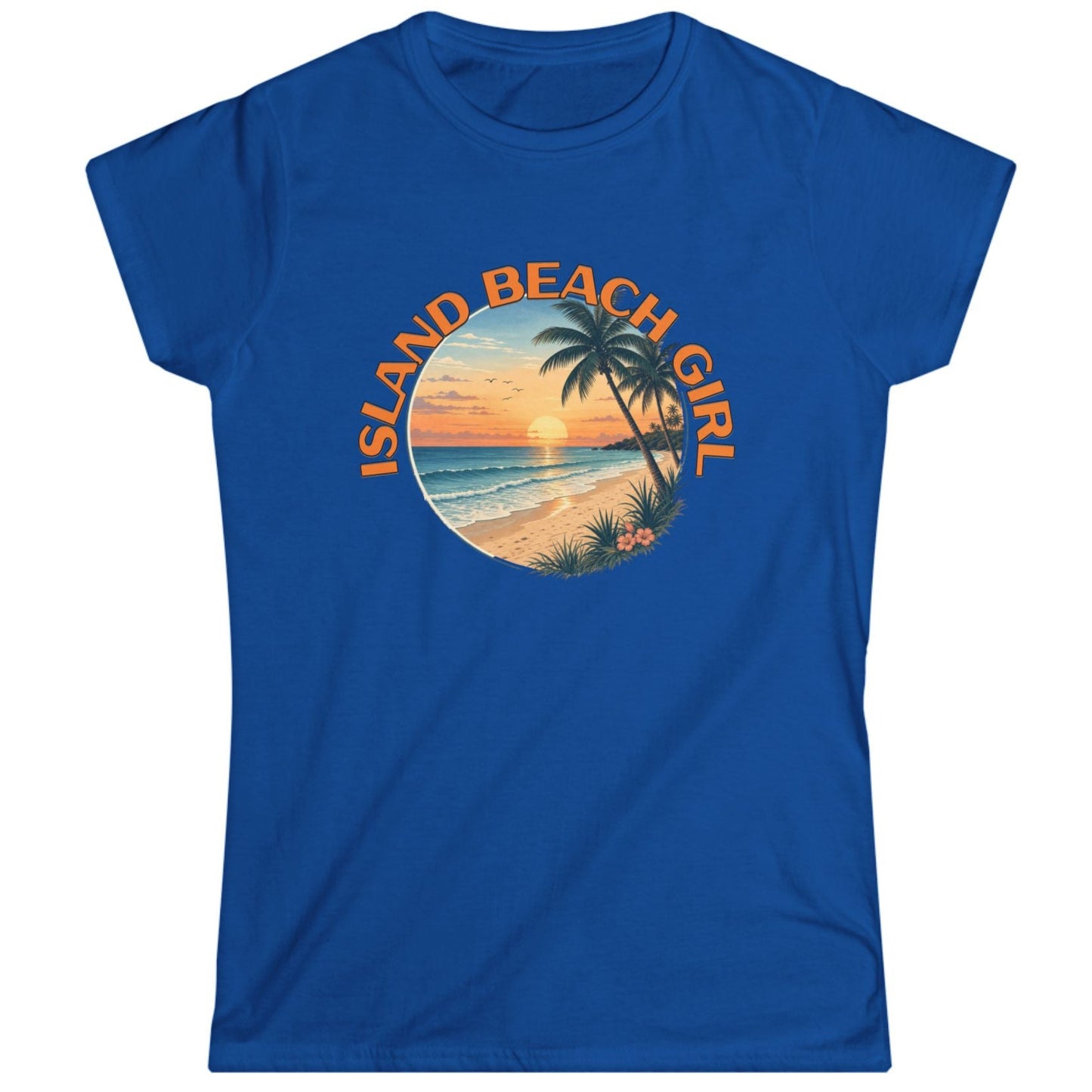 Blue t-shirt with 'Island Beach Girl' graphic design on a white background