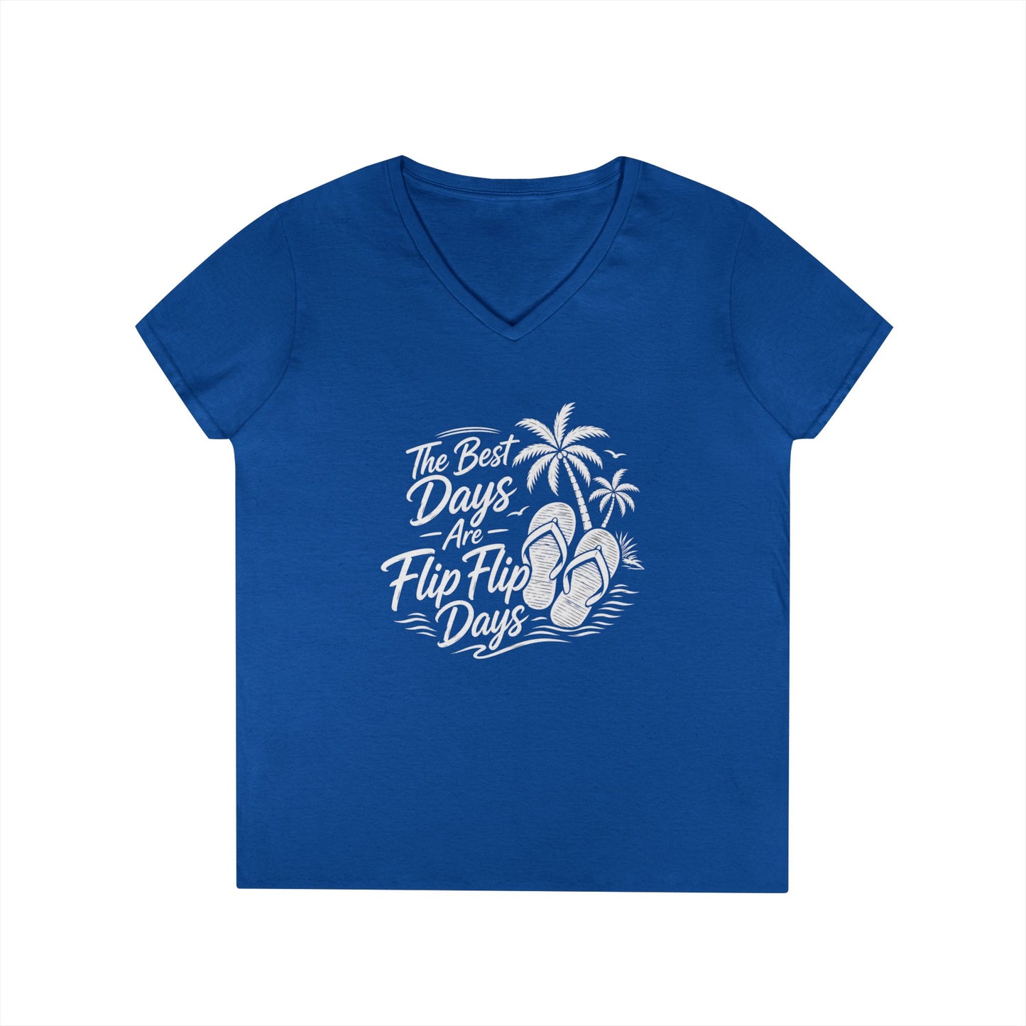 Women’s v-neck t-shirt in royal blue with beach graphic of flip flops and palms