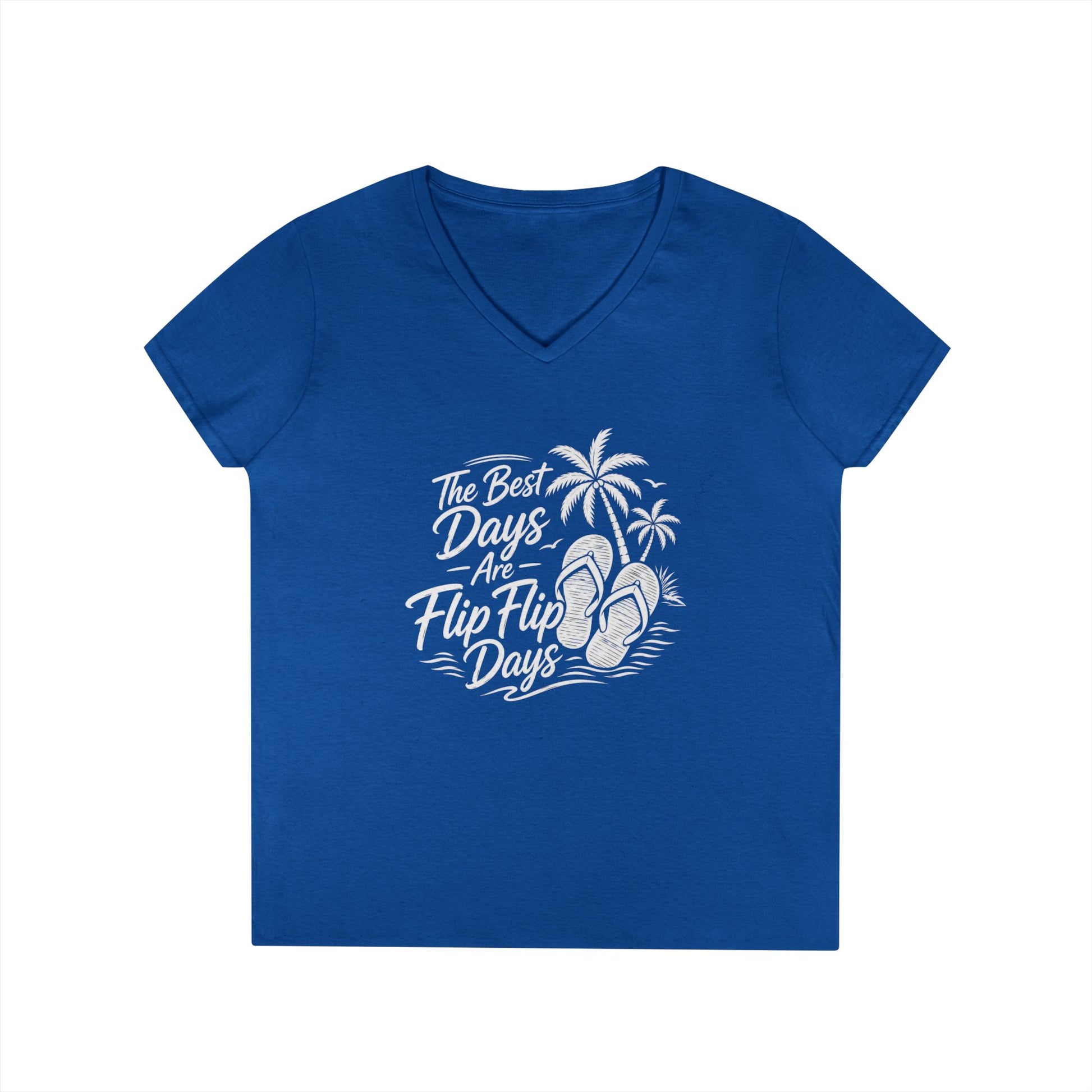 Women’s v-neck t-shirt in royal blue with beach graphic of flip flops and palms