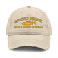 Beige cap with yellow text and fish graphic on a white background