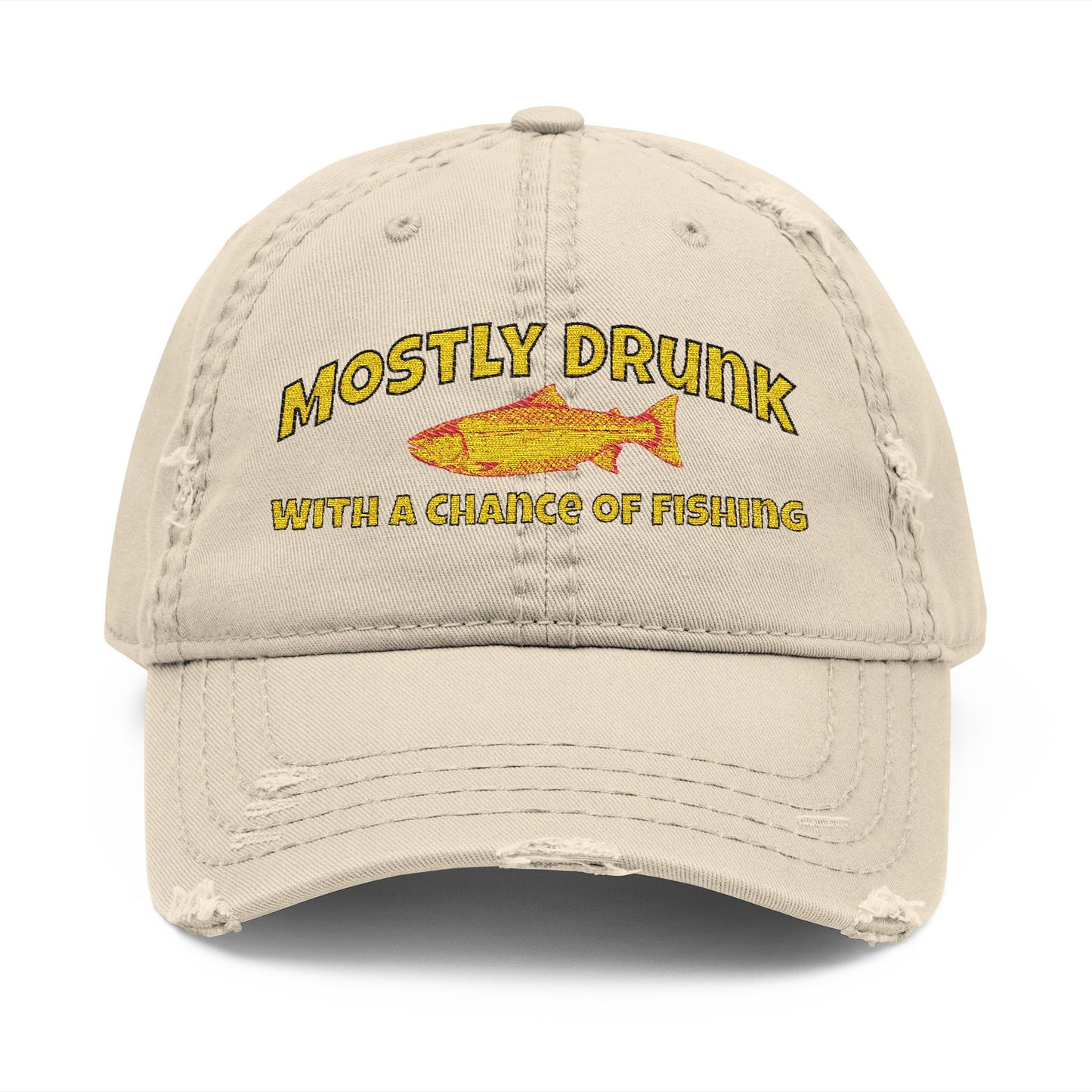 Beige cap with yellow text and fish graphic on a white background