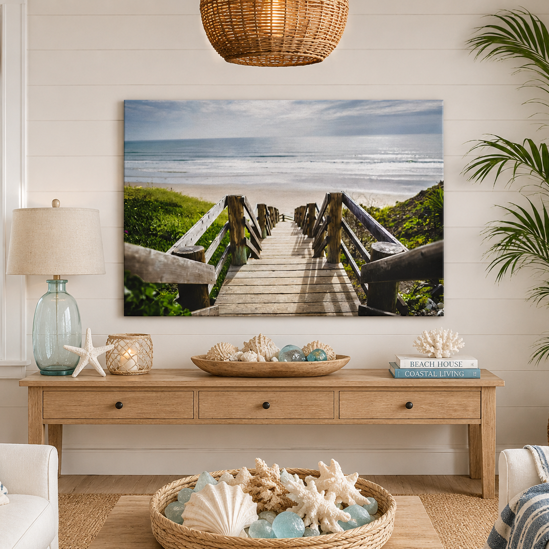 Living room with a beach-themed decor featuring a large wall art of a wooden walkway to the beach.
