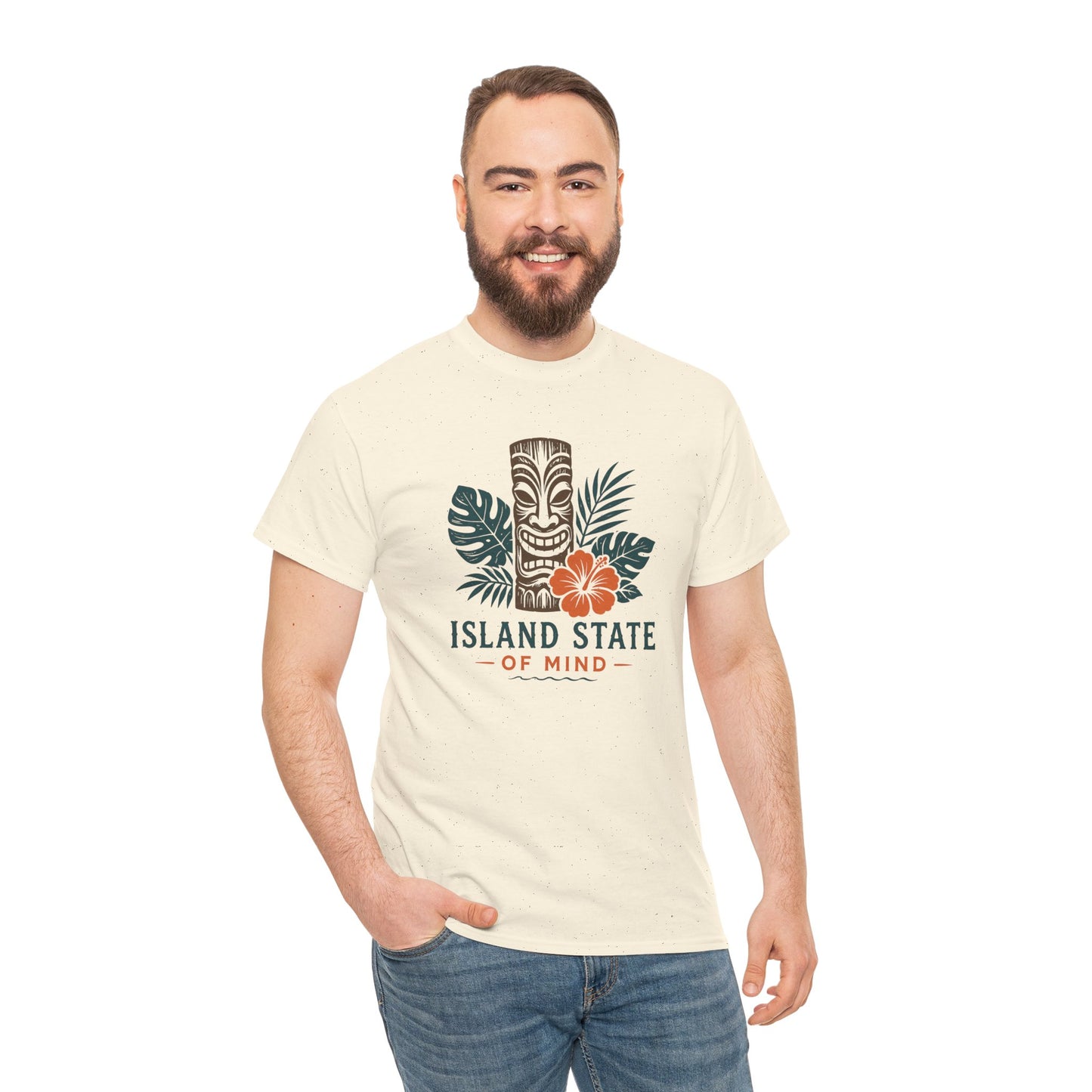 Island State of Mind T-Shirt — Tropical Tiki Tee with Hibiscus & Palm Leaves