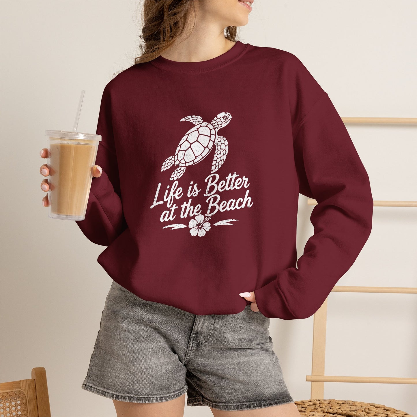 Beach Turtle Crewneck Sweatshirt — "Life is Better at the Beach"