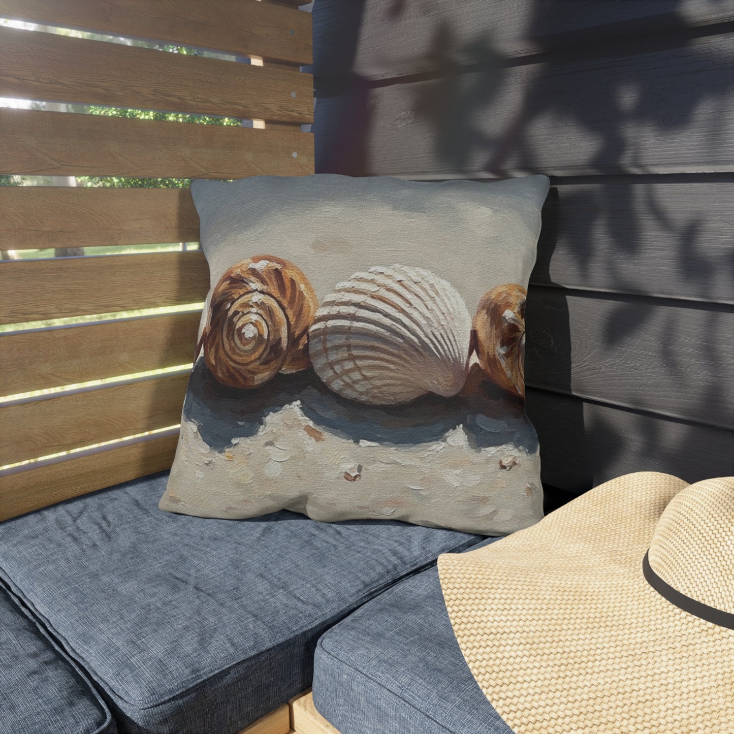 Decorative pillow with shell design on a wooden bench