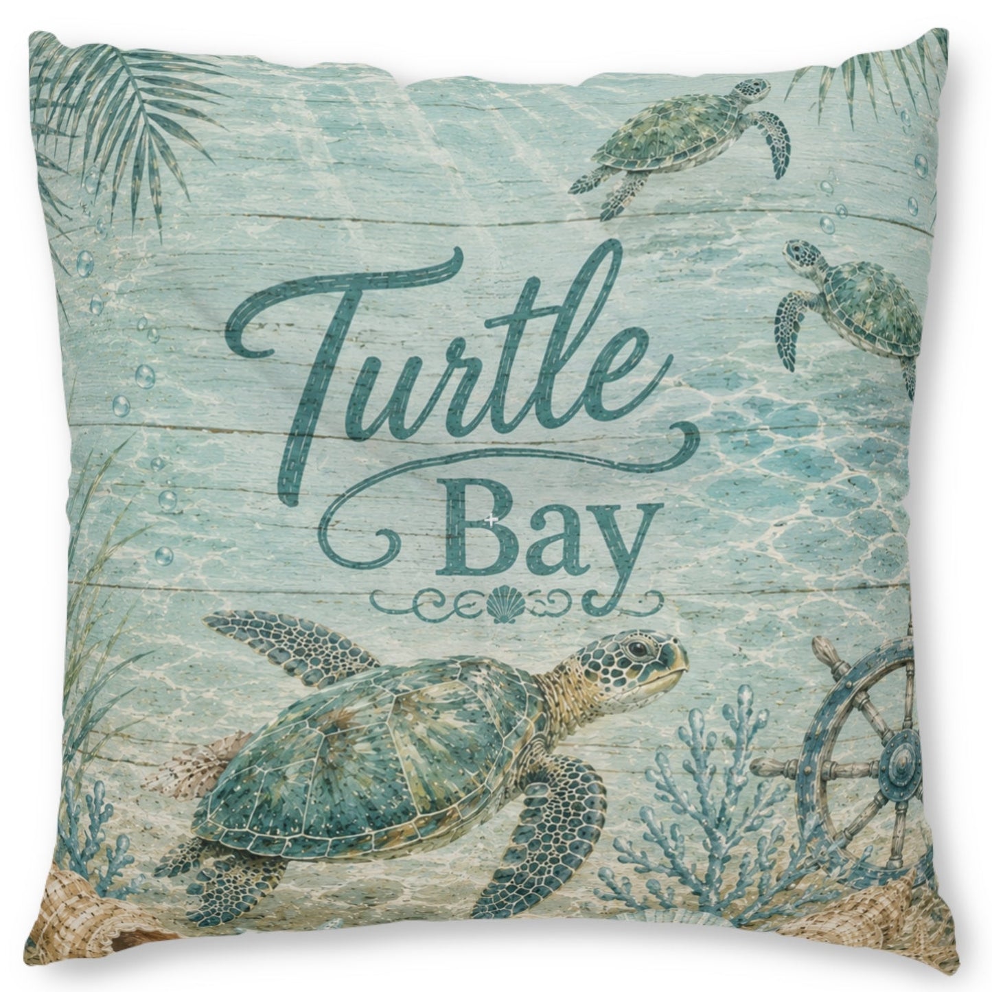 Square decorative throw pillow featuring a sea turtle underwater scene with the words 'Turtle Bay' in teal script, on a light aqua wood-plank style background.