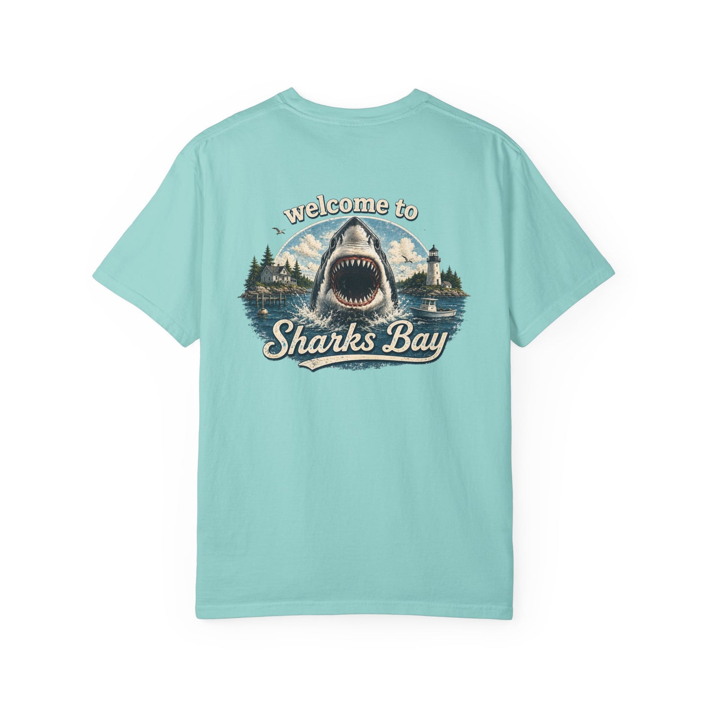 Sharks Bay T-Shirt — "Welcome to Sharks Bay" Vintage Shark Graphic Tee