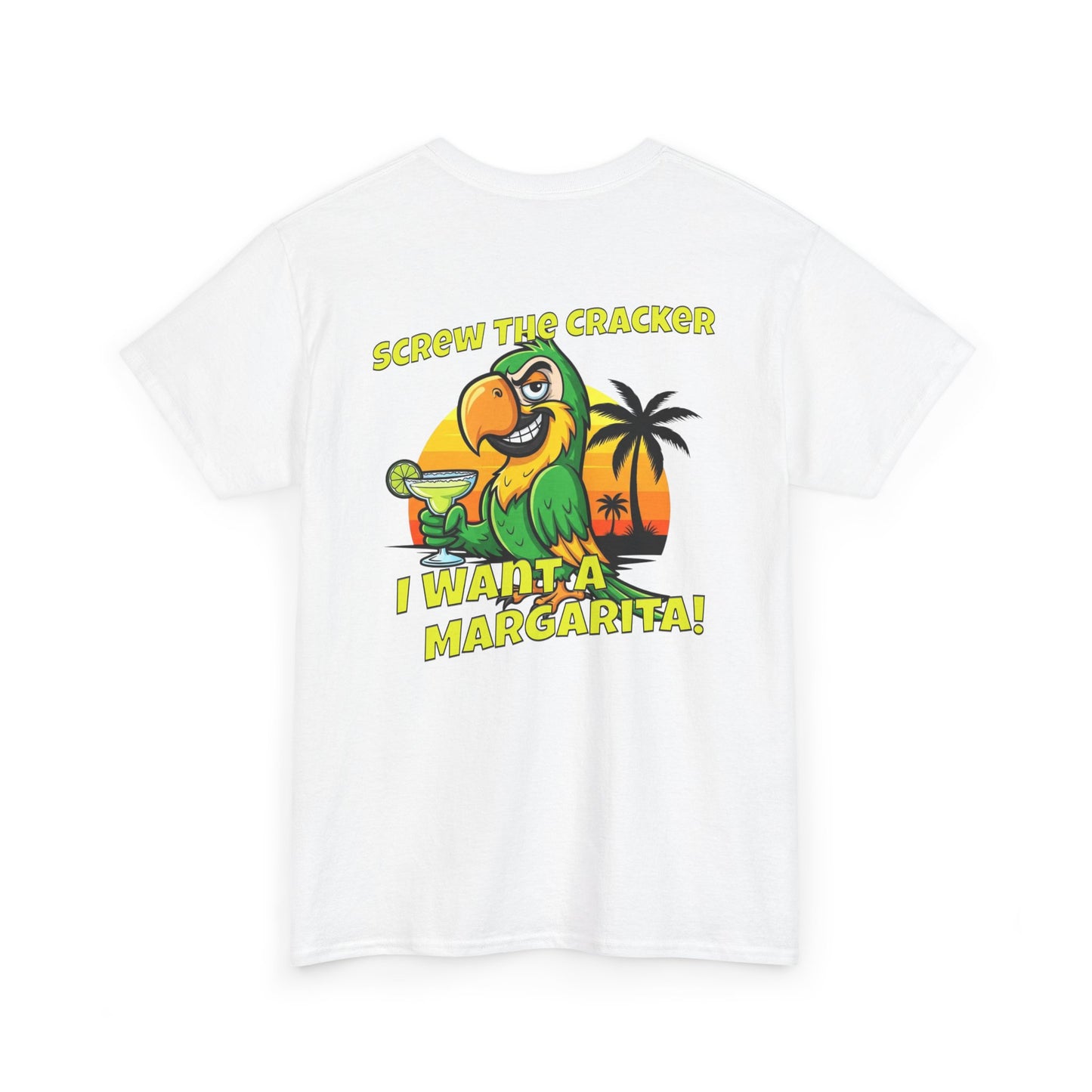 White t-shirt with a parrot graphic and text on a white background