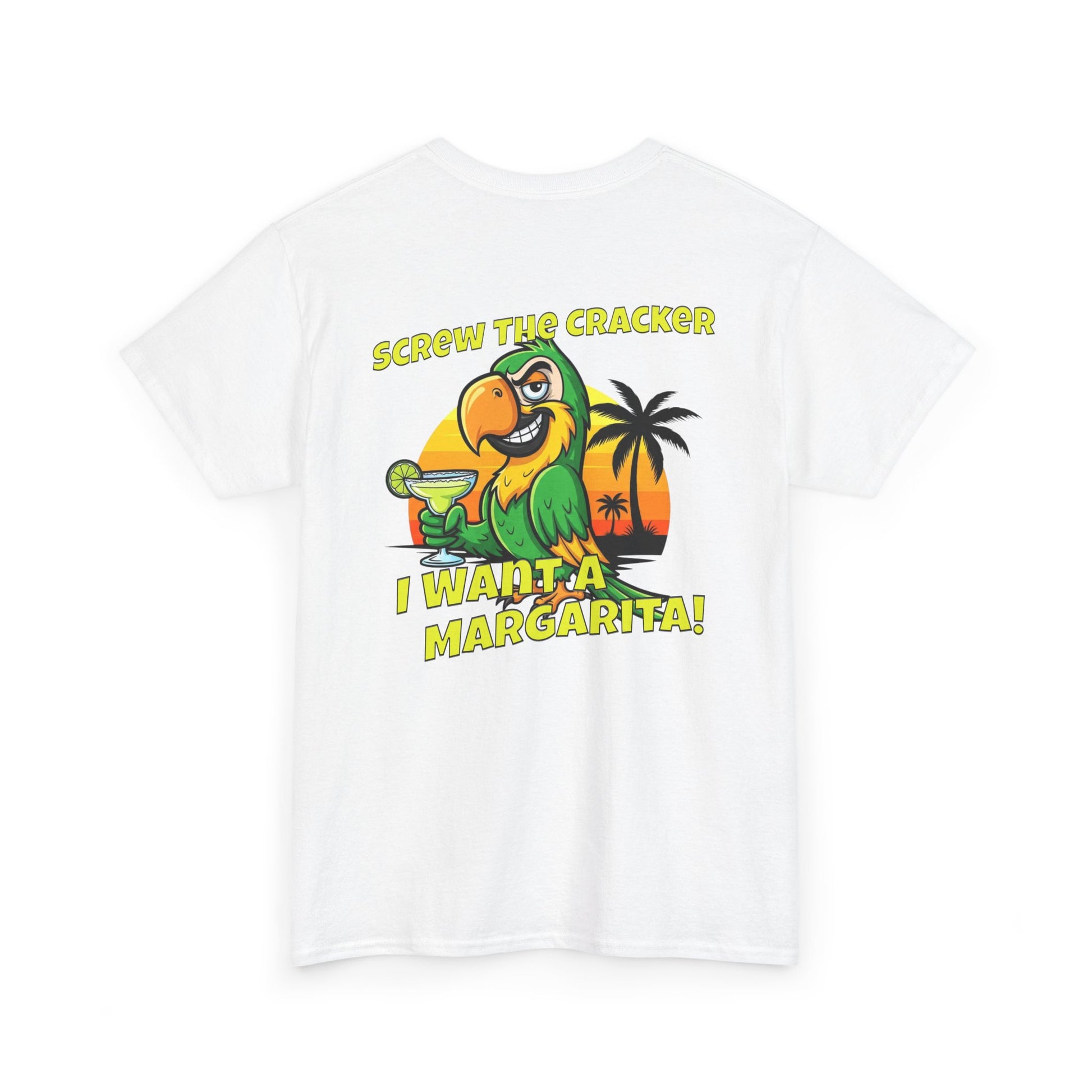 White t-shirt with a parrot graphic and text on a white background