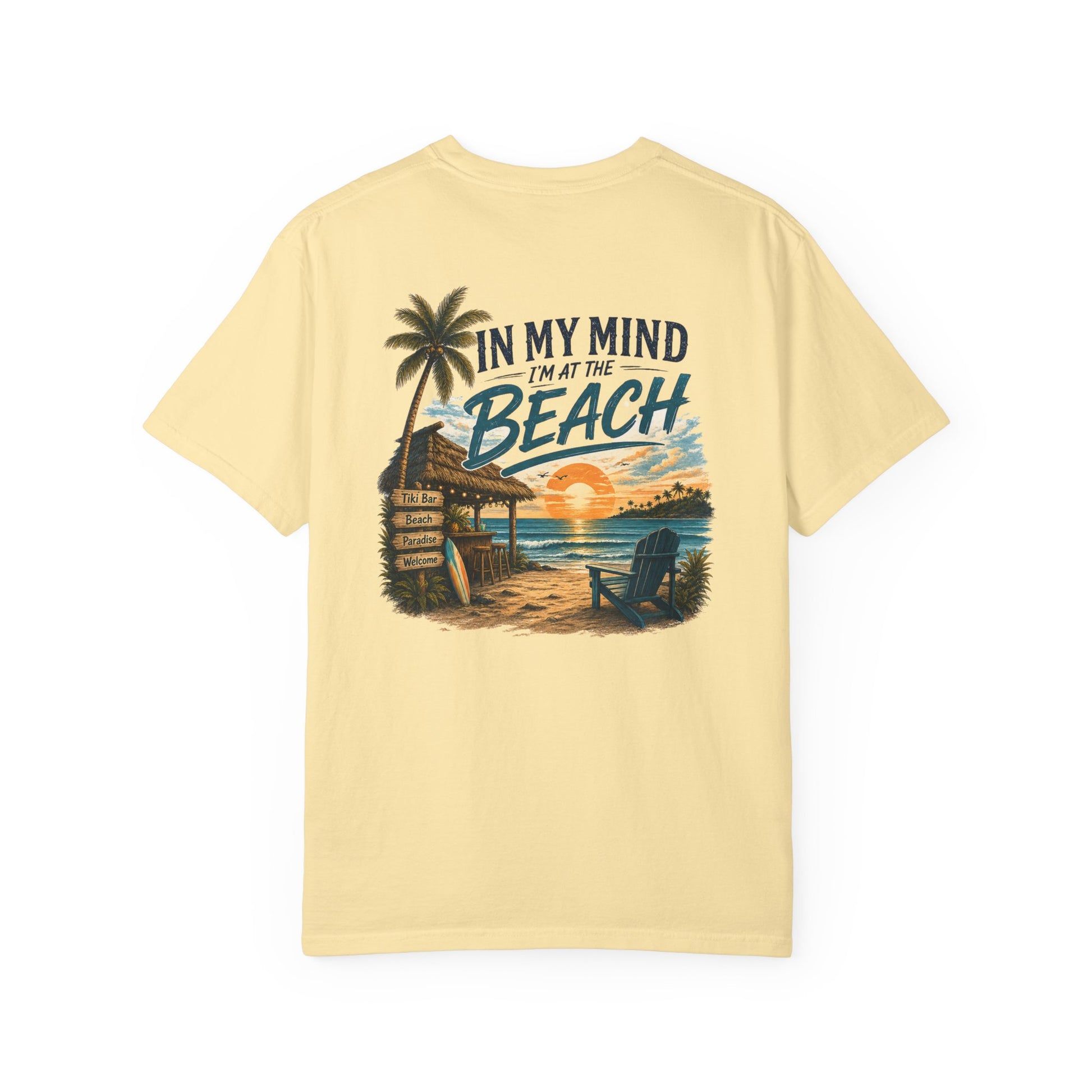 Beige t-shirt with beach graphic and text on a white background