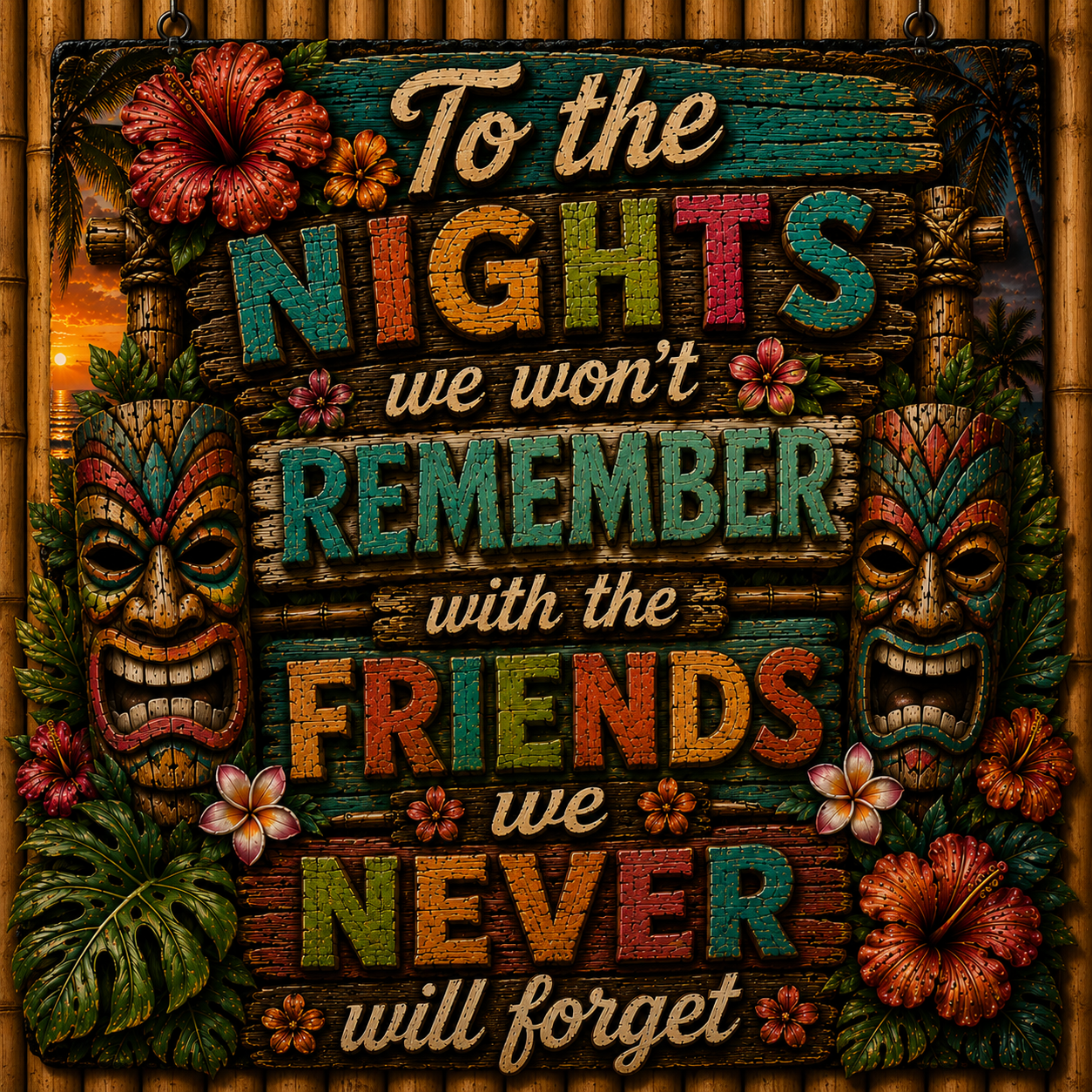 Decorative sign with tropical-themed text and tiki masks on a wooden background.
