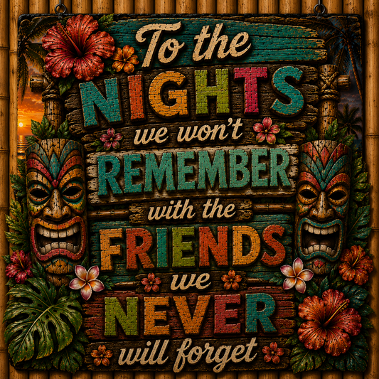 Decorative sign with tropical-themed text and tiki masks on a wooden background.