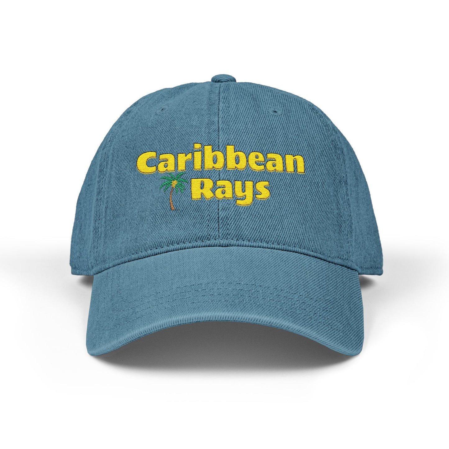 Blue cap with 'Caribbean Rays' text on a white background