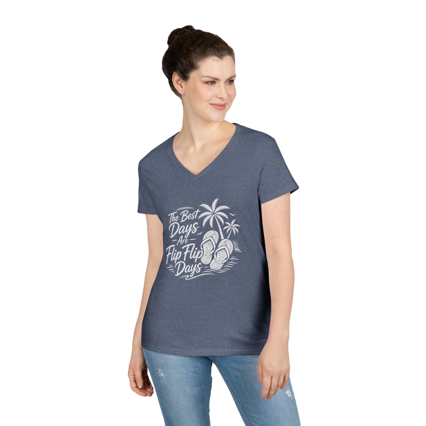 Women's heather navy V-neck T-shirt with flip-flop beach graphic print