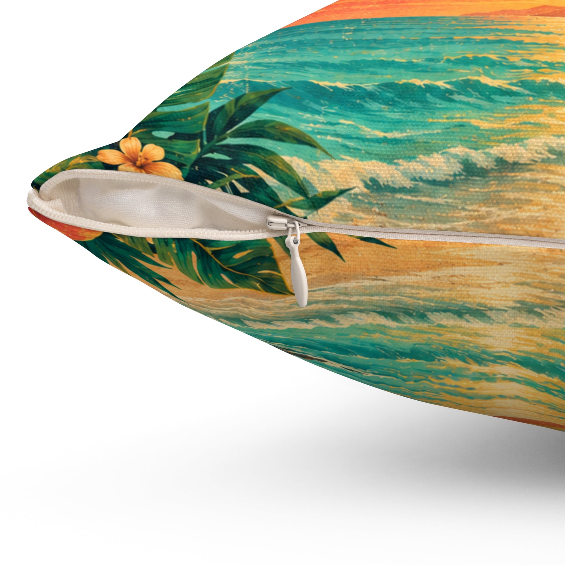 Polyester pillow cover side view with zipper and tropical beach print