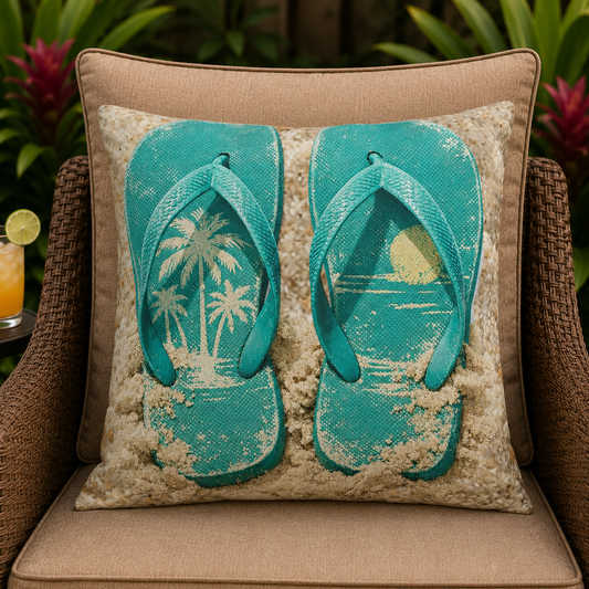 Outdoor Pillow - Teal Flip-Flop Beach Design
