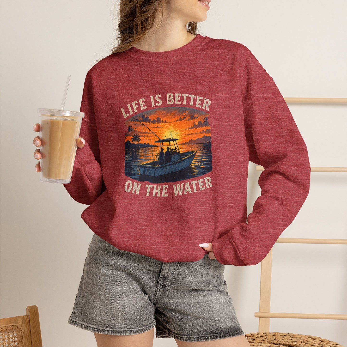 "Life Is Better On The Water" Crewneck Sweatshirt -Boat Sunset Graphic