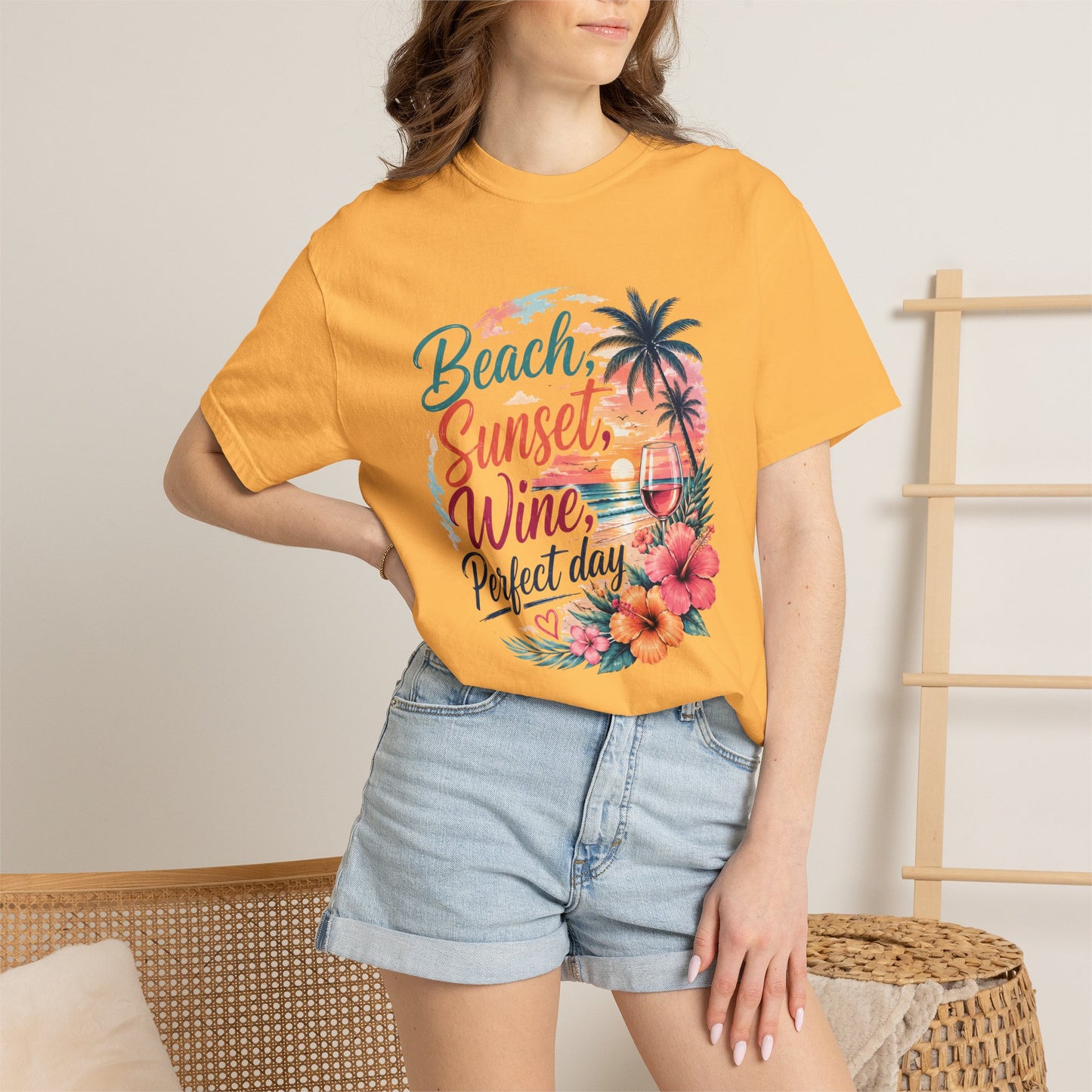 Beach Sunset Wine T-Shirt — "Beach, Sunset, Wine, Perfect Day" Tropical Graphic Tee