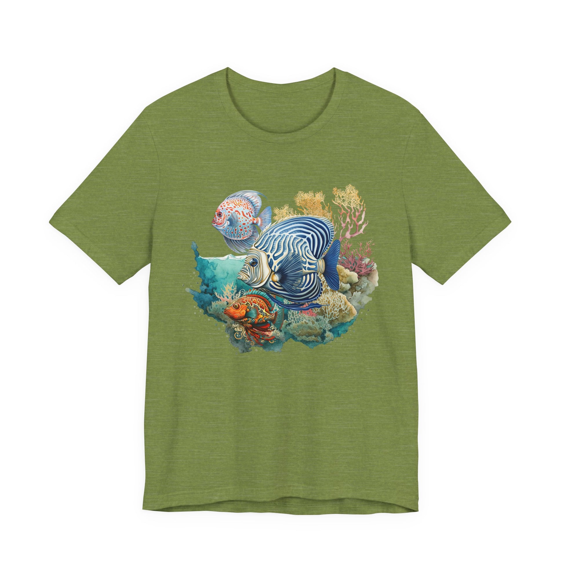 Green t-shirt with an underwater scene design featuring fish and coral on a white background by Caribbean Rays