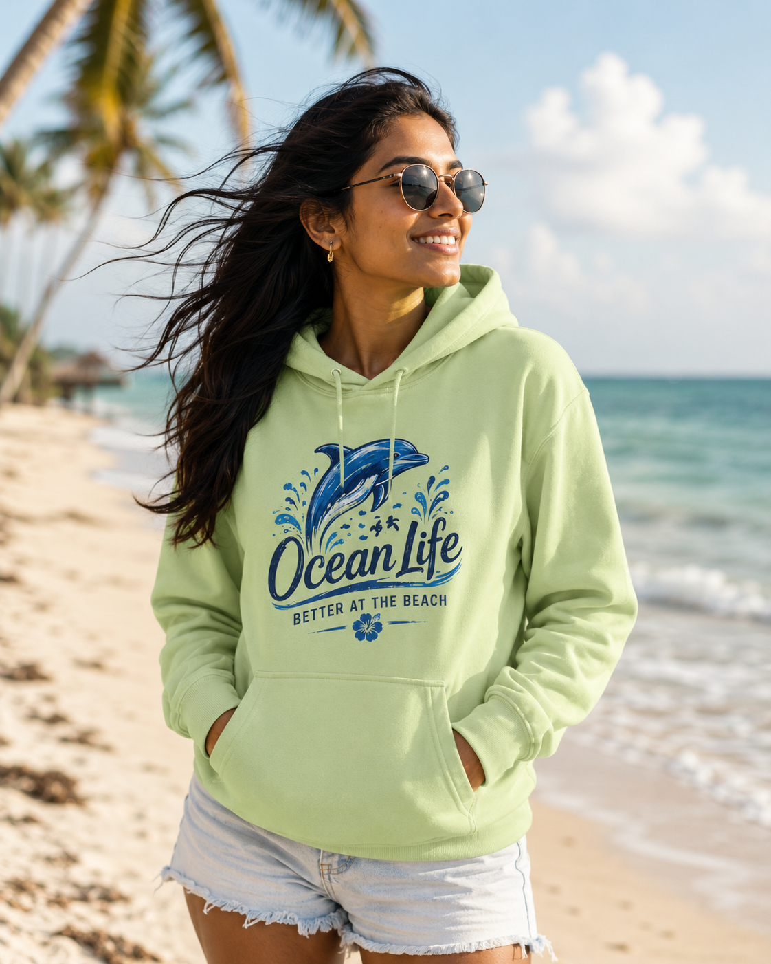A woman wearing a light green hoodie with a blue dolphin graphic and the text 'Ocean Life Better At The Beach' stands on a sunny beach with palm trees and ocean waves in the background.