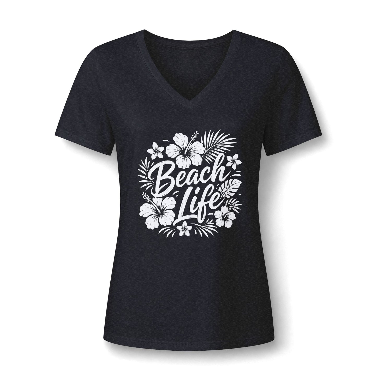 Beach Life V-Neck Tee — Women's Tropical Hibiscus Graphic