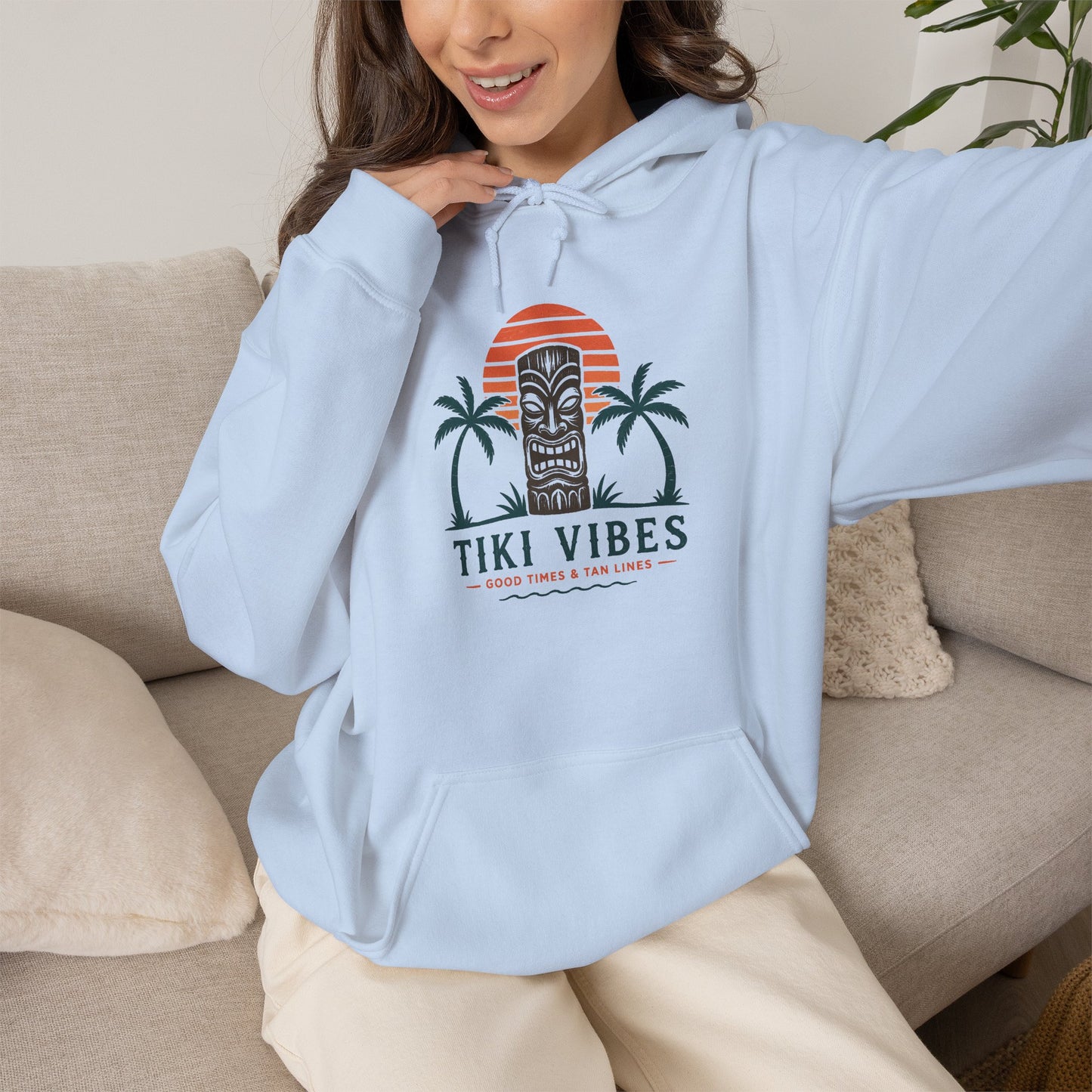 Tiki Vibes Hoodie — Retro Sunset Palm Tree Sweatshirt