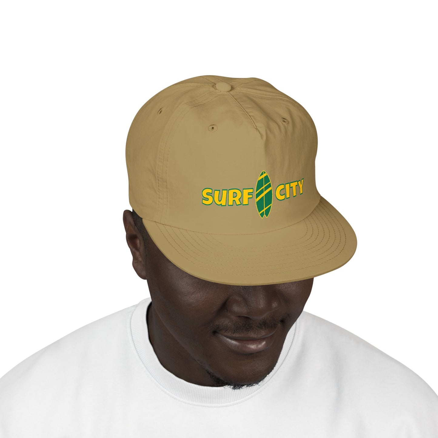 Surf City Embroidered Surf Cap — Retro Surfboard Logo Hat