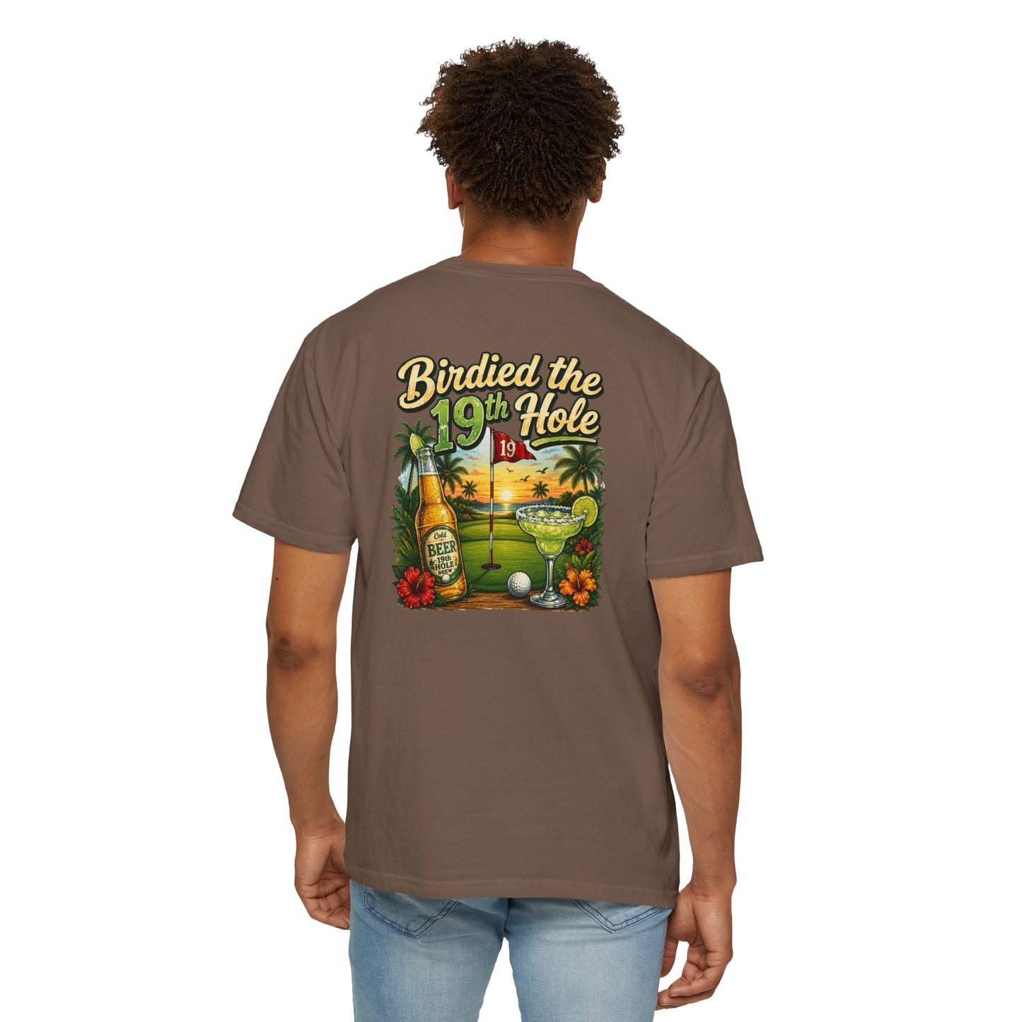 Golf T-Shirt — 'Birdied the 19th Hole' Tropical Golf Beer Design