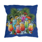 Pillow with colorful tropical drinks design on a blue background