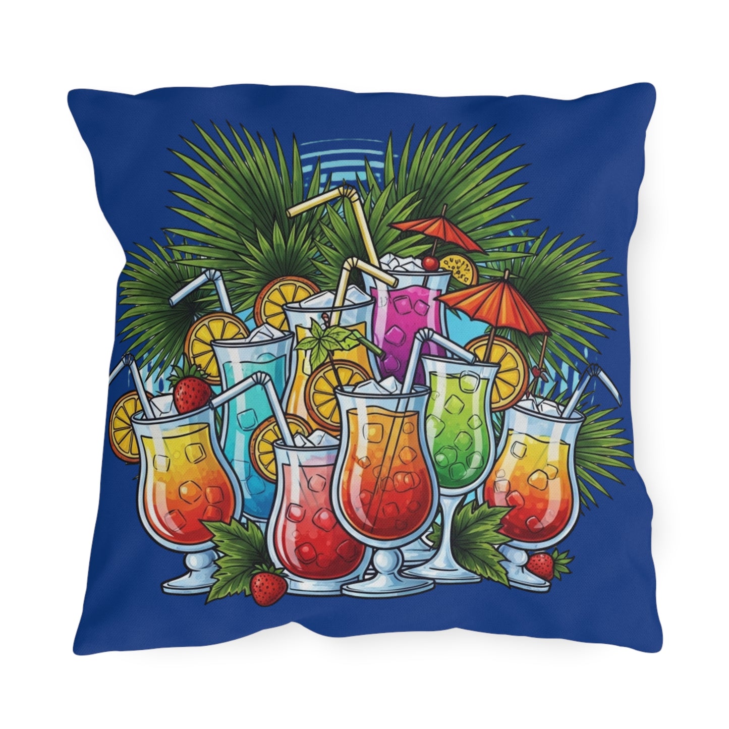 Pillow with colorful tropical drinks design on a blue background
