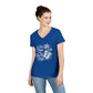 Women's royal blue V-neck T-shirt with flip-flop beach graphic print