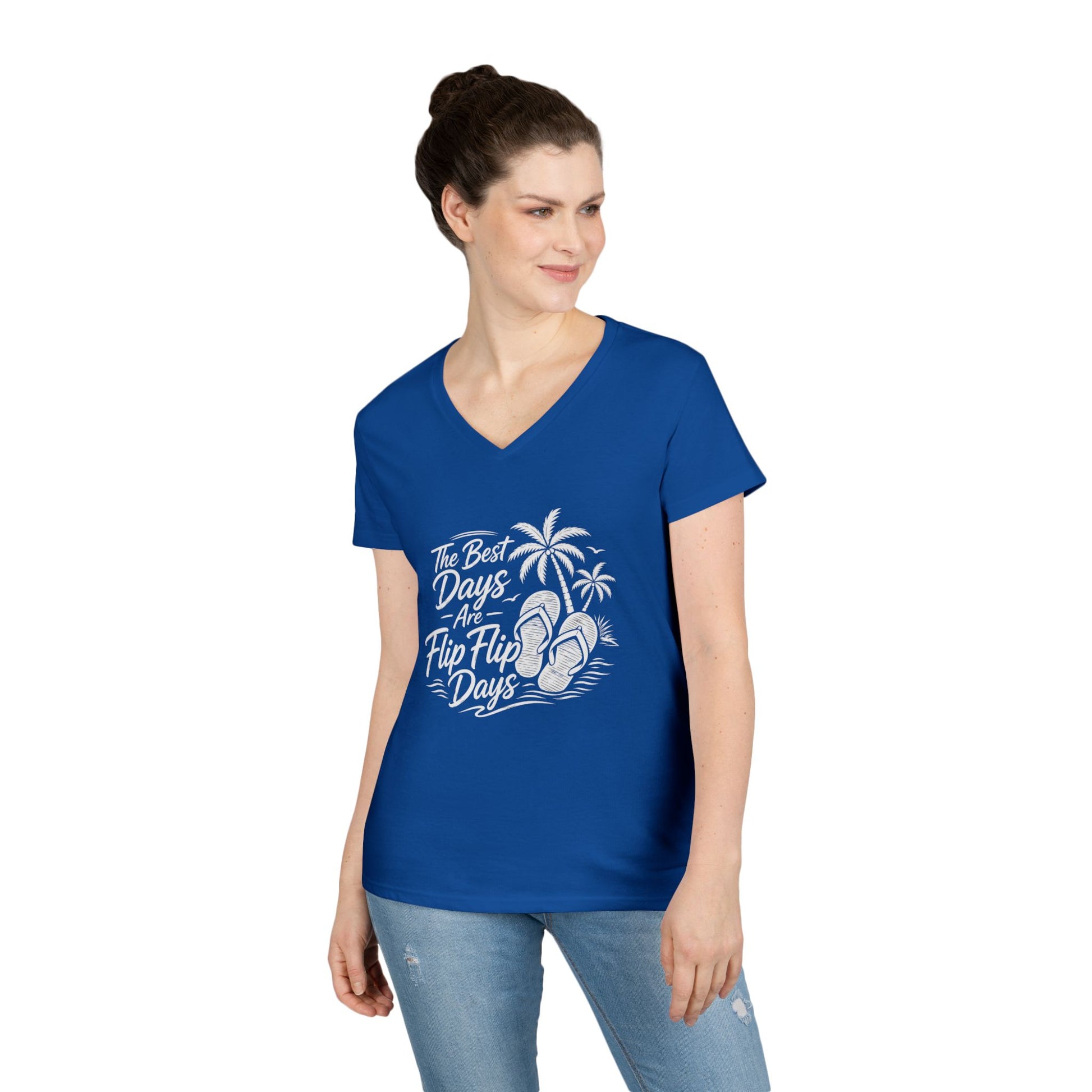 Women's royal blue V-neck T-shirt with flip-flop beach graphic print