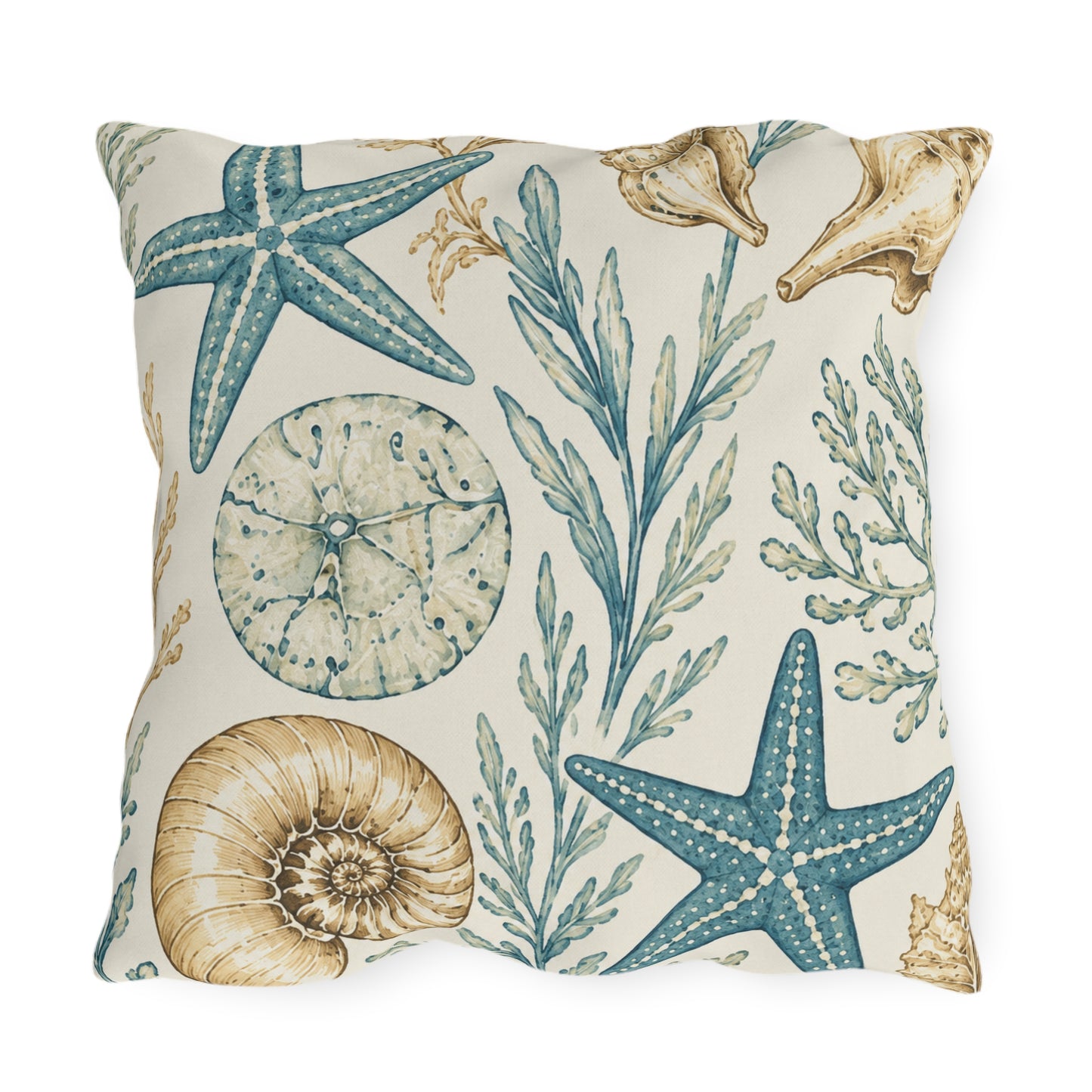 Coastal Shells Outdoor Pillow — Nautical Starfish & Seaweed Patio Cushion