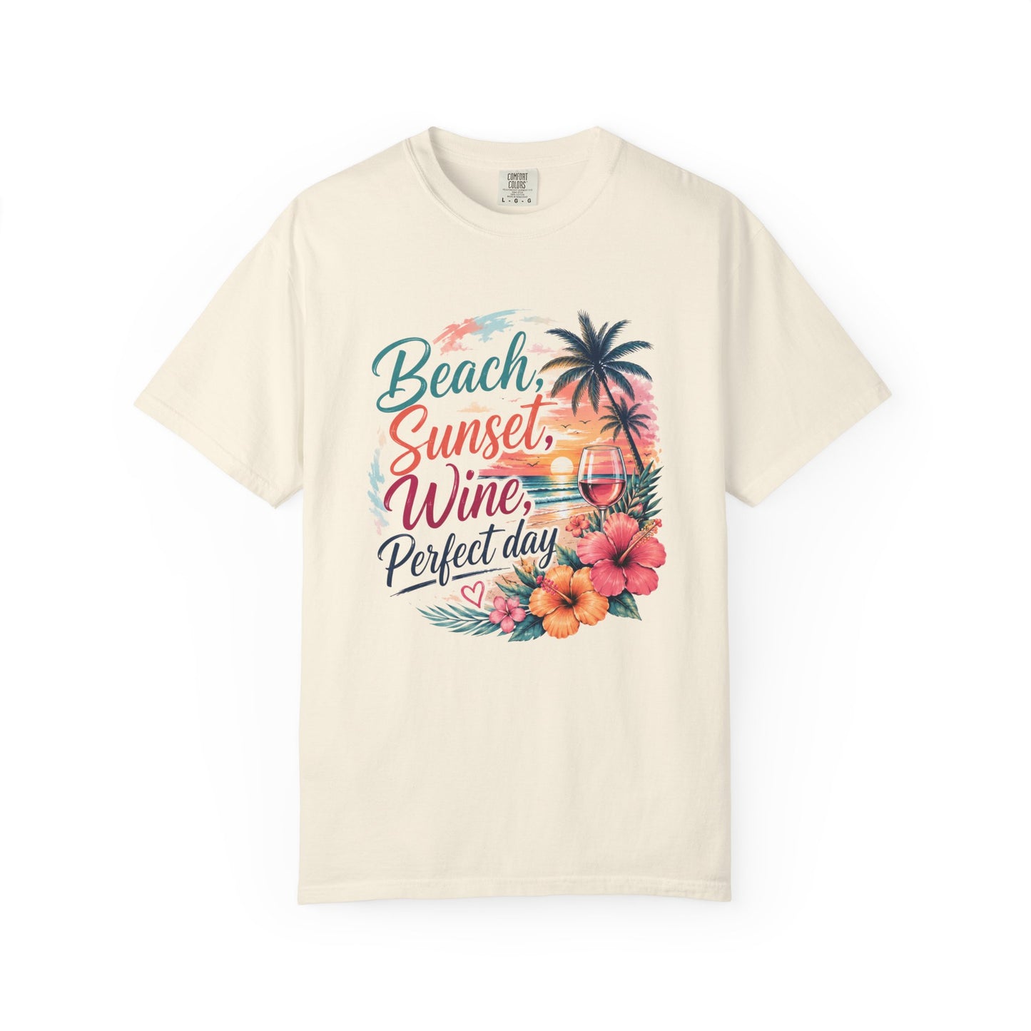 Beach Sunset Wine T-Shirt — "Beach, Sunset, Wine, Perfect Day" Tropical Graphic Tee