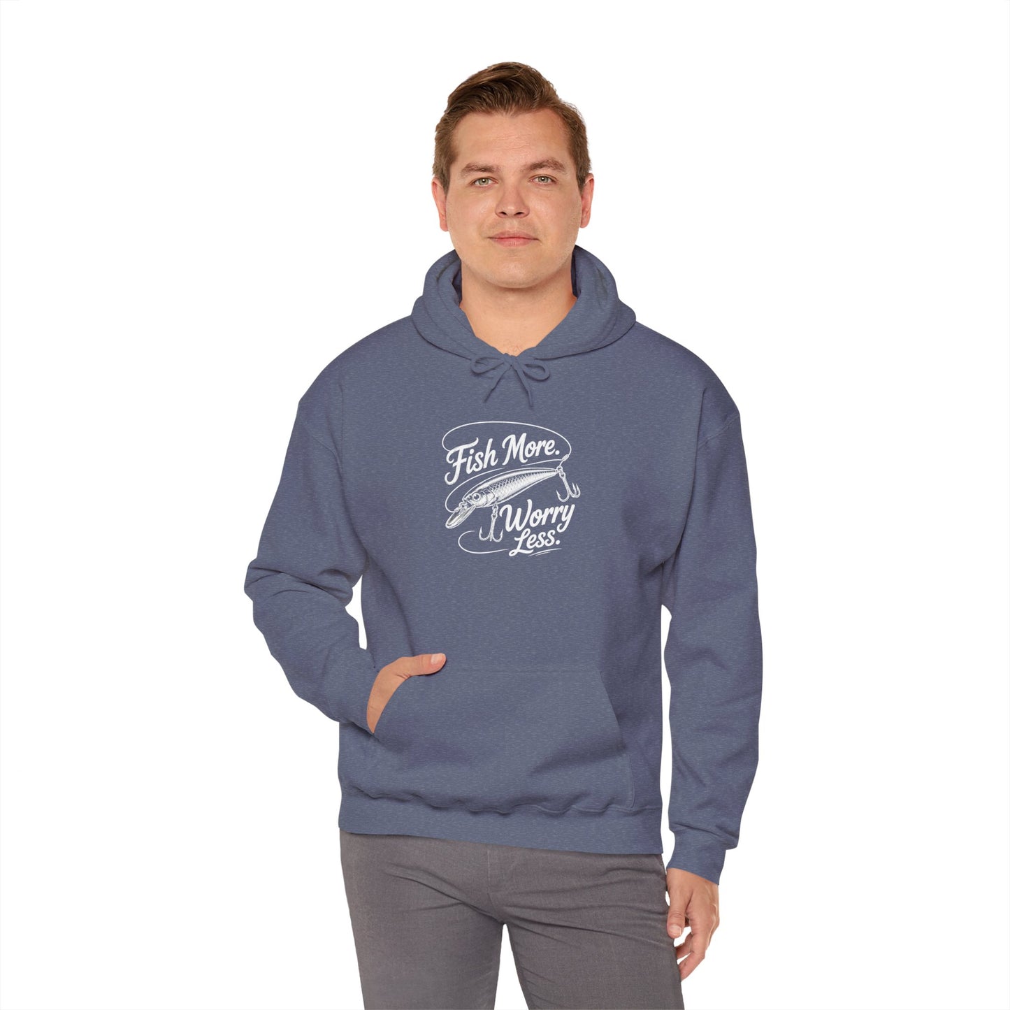 Fishing Hoodie - "Fish More Worry Less" Graphic Pullover