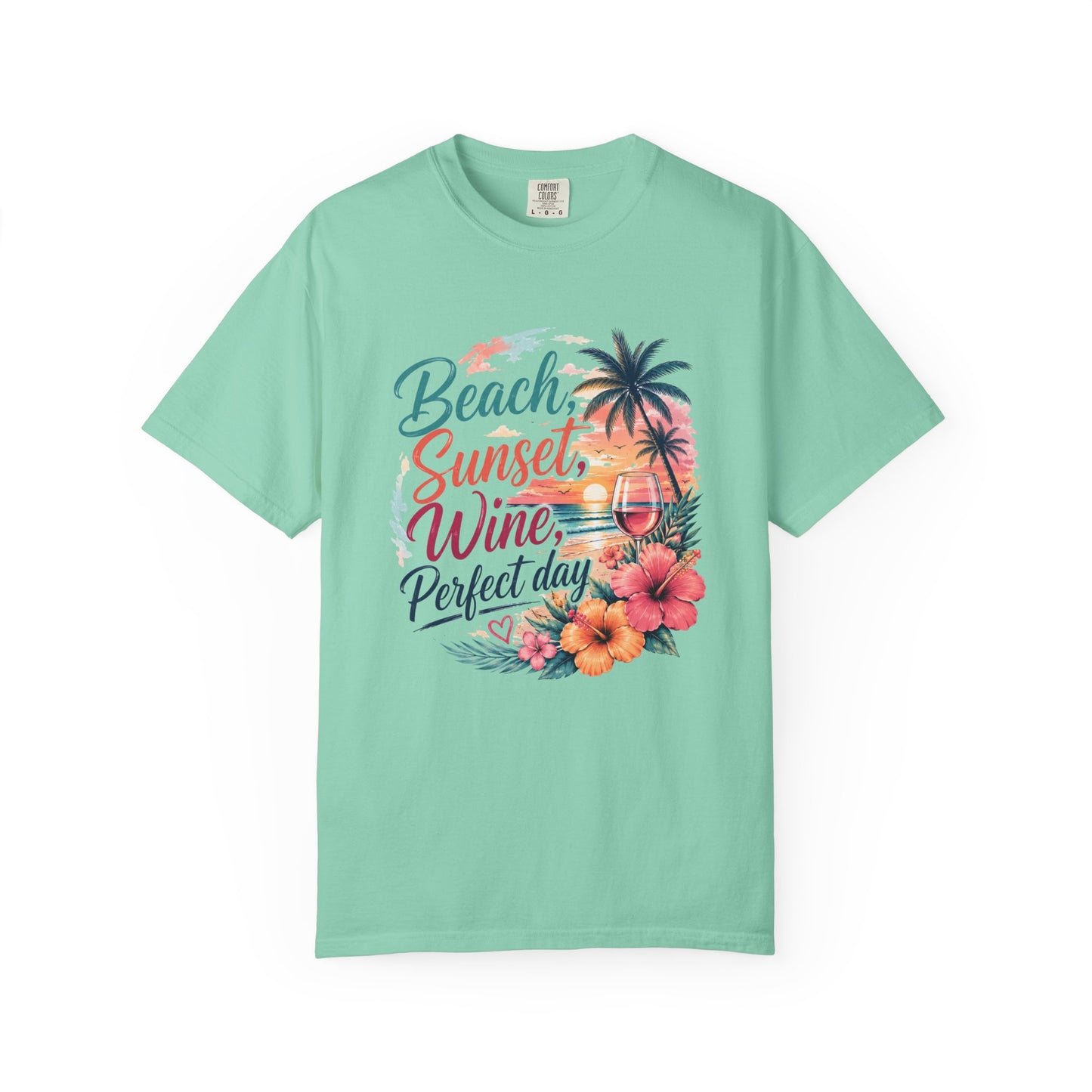 Beach Sunset Wine T-Shirt — "Beach, Sunset, Wine, Perfect Day" Tropical Graphic Tee