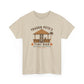 Beige t-shirt with a tiki bar graphic and text on a white background
