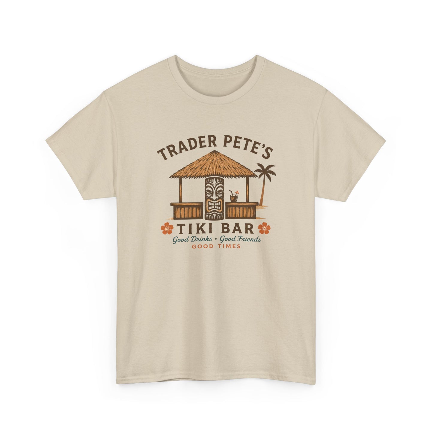 Beige t-shirt with a tiki bar graphic and text on a white background