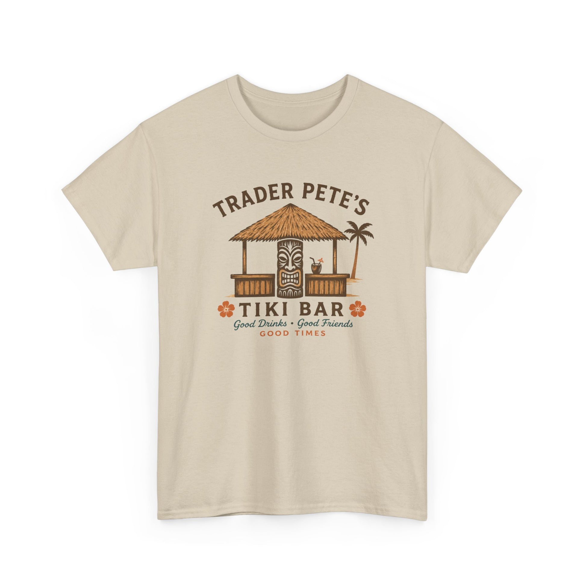 Beige t-shirt with a tiki bar graphic and text on a white background