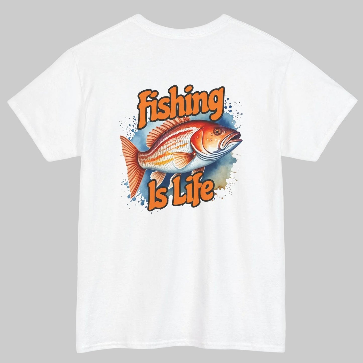 White t-shirt with a fish graphic and 'Fishing is Life' text on a white background