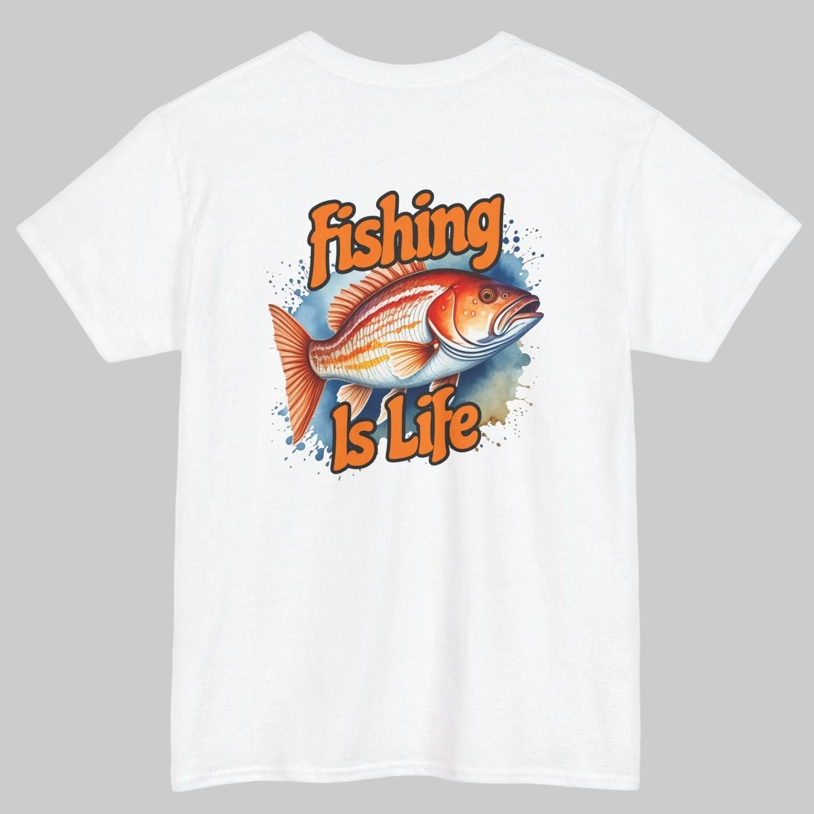 White t-shirt with a fish graphic and 'Fishing is Life' text on a white background