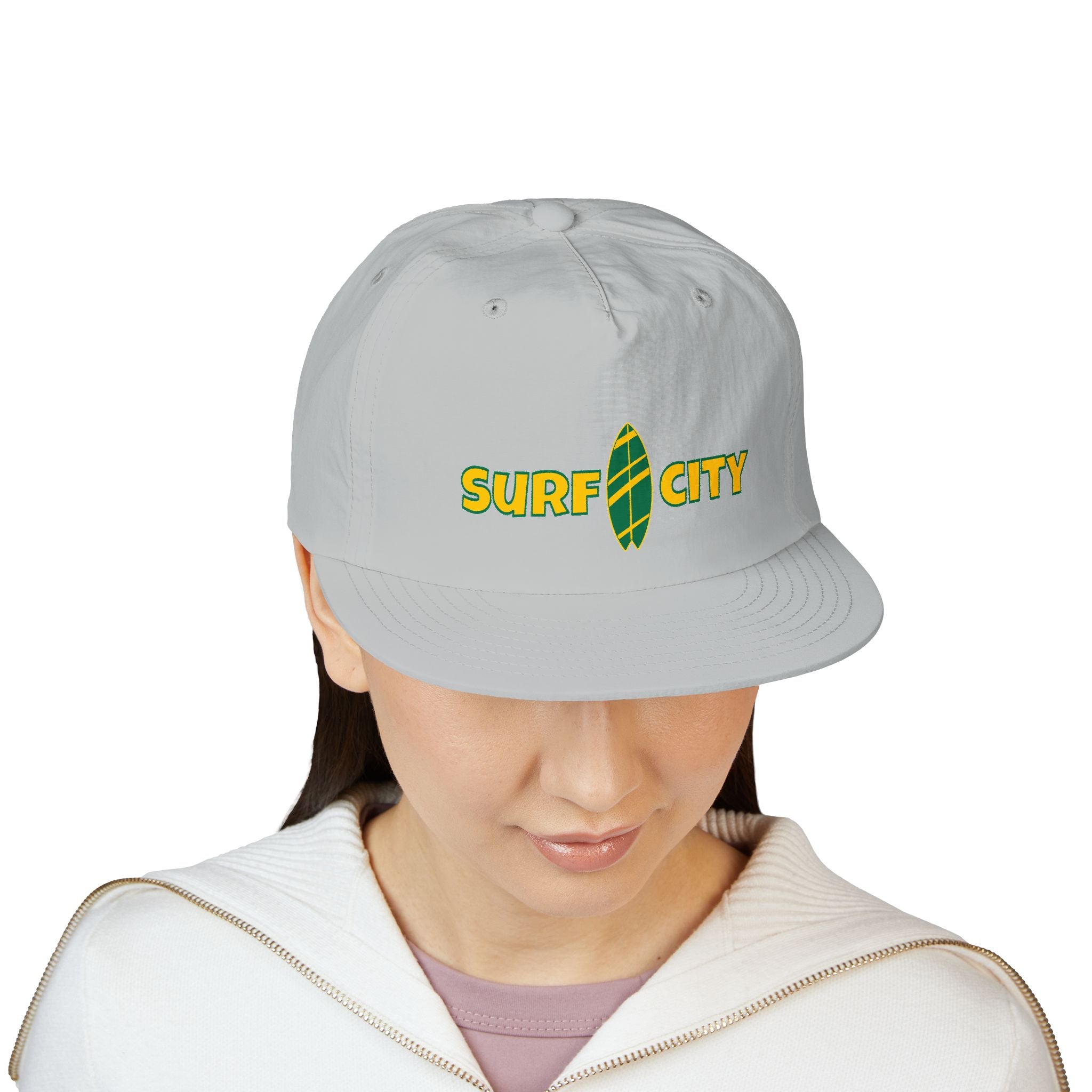 Surf City Embroidered Surf Cap — Retro Surfboard Logo Hat