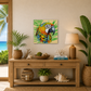Decorative living room with a wooden console table, plants, and a parrot painting on the wall.