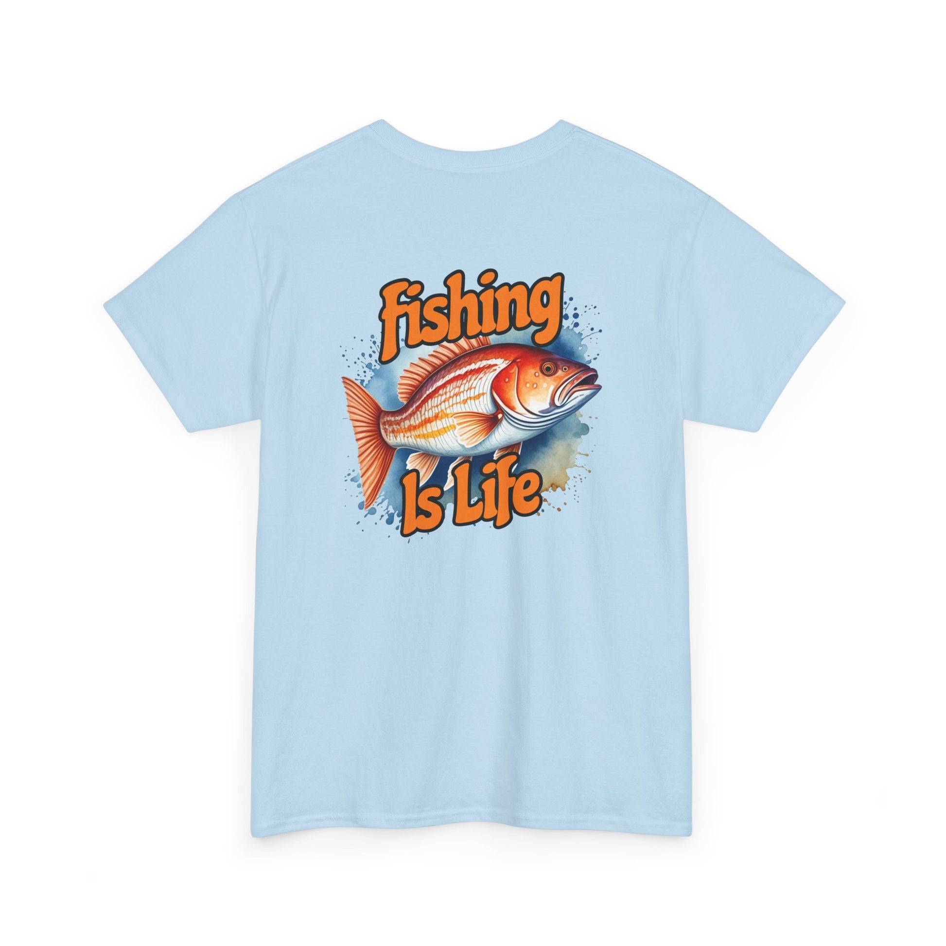 Light blue t-shirt with a fish graphic and 'Fishing is Life' text on a white background