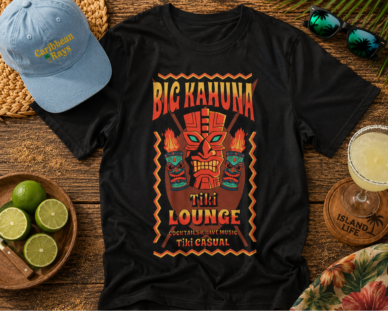 Black t-shirt with 'Big Kahuna Tiki Lounge' design on a wooden surface with a hat, limes, and a drink.