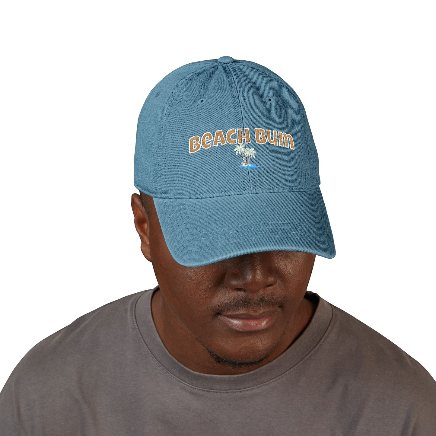 Beach Bum Embroidered Denim Hat — Casual Palm Tree Cap