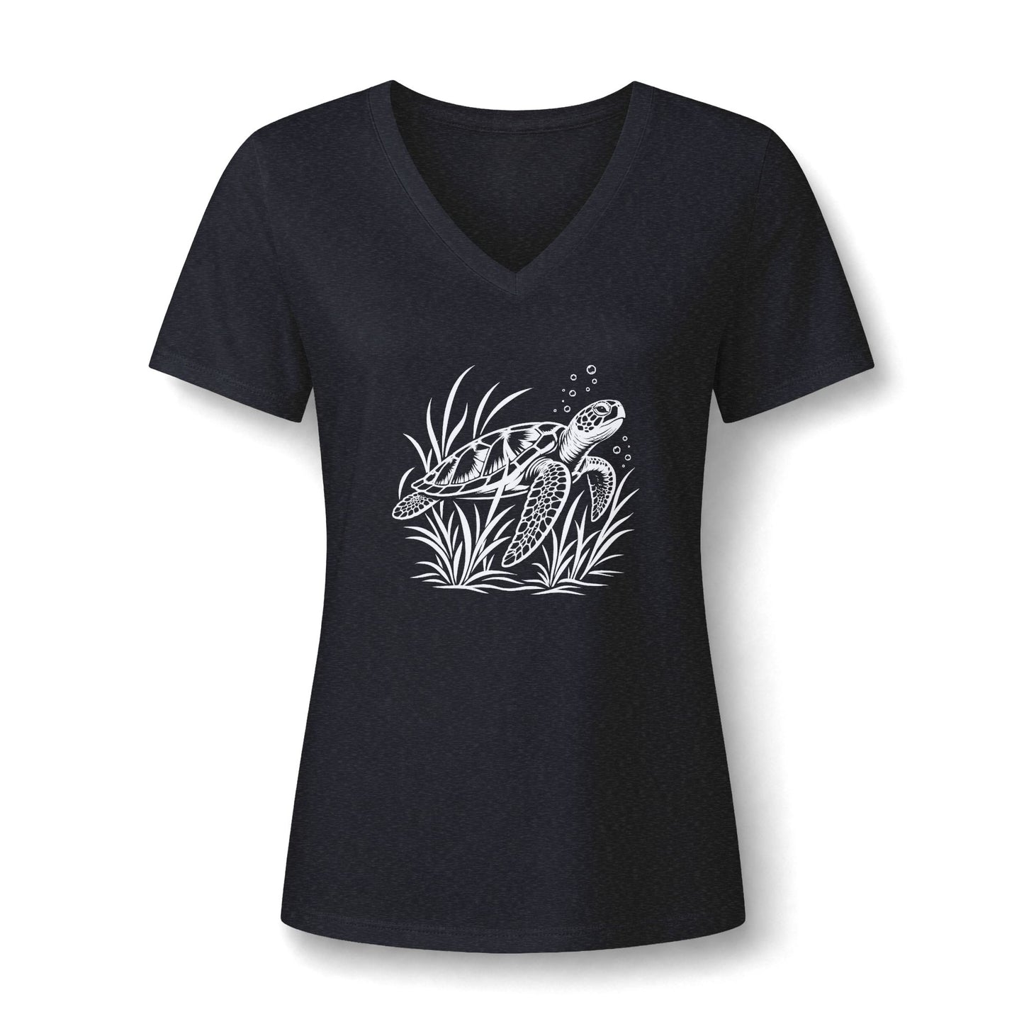 Sea Turtle V-Neck Tee — Women's Relaxed Heather Tee with White Sea Turtle Graphic