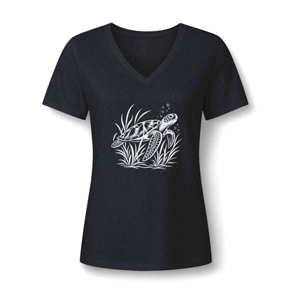 Sea Turtle V-Neck Tee — Women's Relaxed Heather Tee with White Sea Turtle Graphic