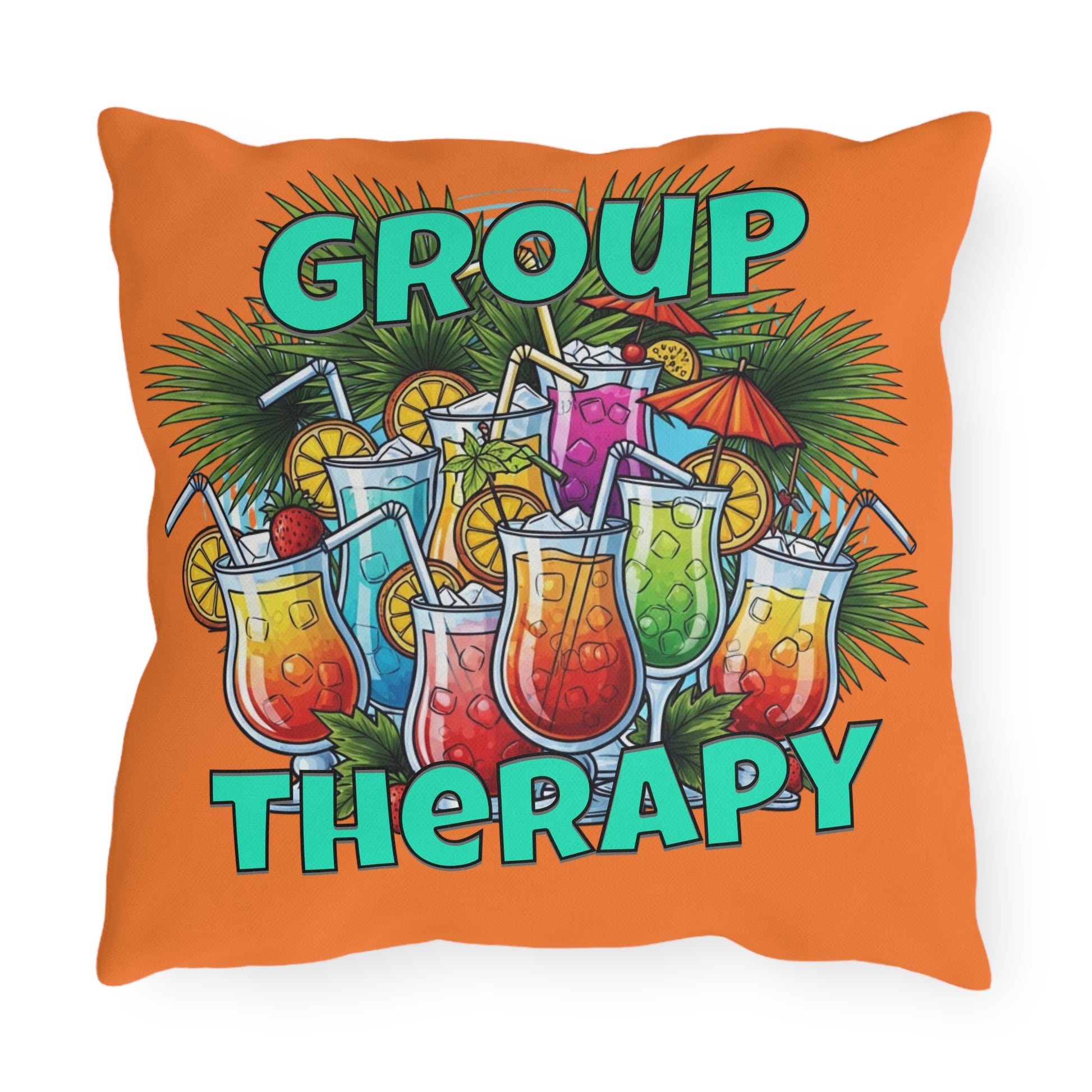 Pillow with colorful drinks and 'Group Therapy' text on an orange background